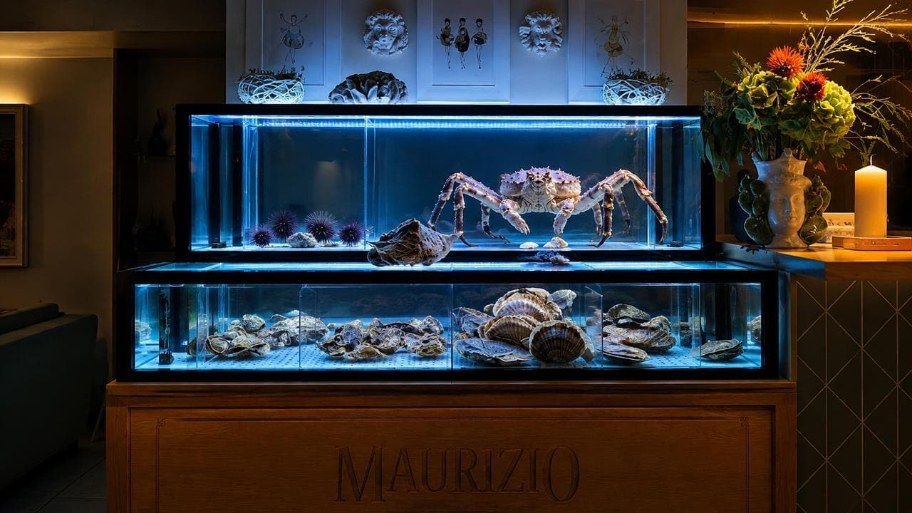Живой морской аквариум в зале Maurizio: камчатский краб, морские ежи и устрицы